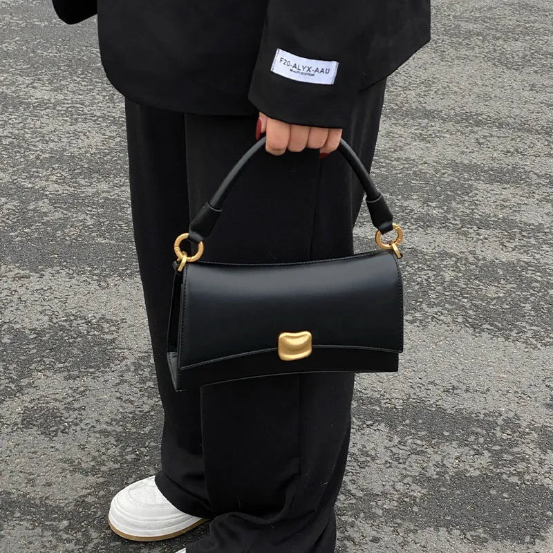 Black PU underarm baguette bag, 23x13x7cm, horizontal square crossbody with double straps