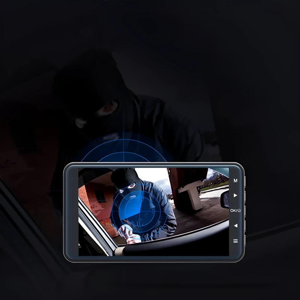 4-inch touch screen dual lens car dashcam with adhesive mount showing front and rear recording capability