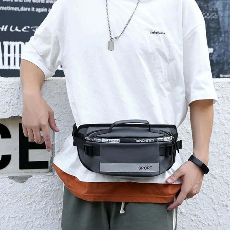 Reflective men's crossbody waist bag in black, small horizontal square shape with zipper closure and nylon waterproof finish