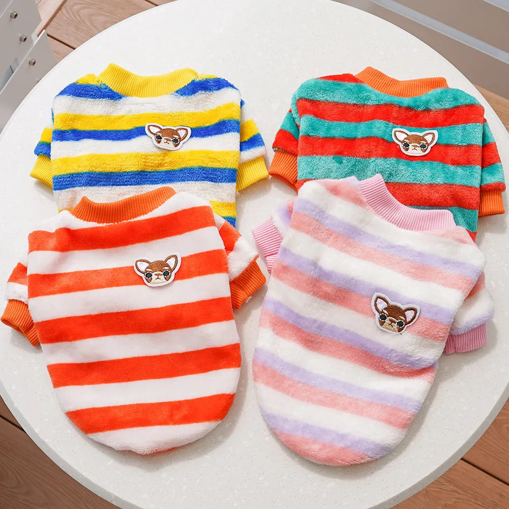 Embroidered fluffy polyester dog cat jacket in striped colour, XS-XXL chest 30-55cm