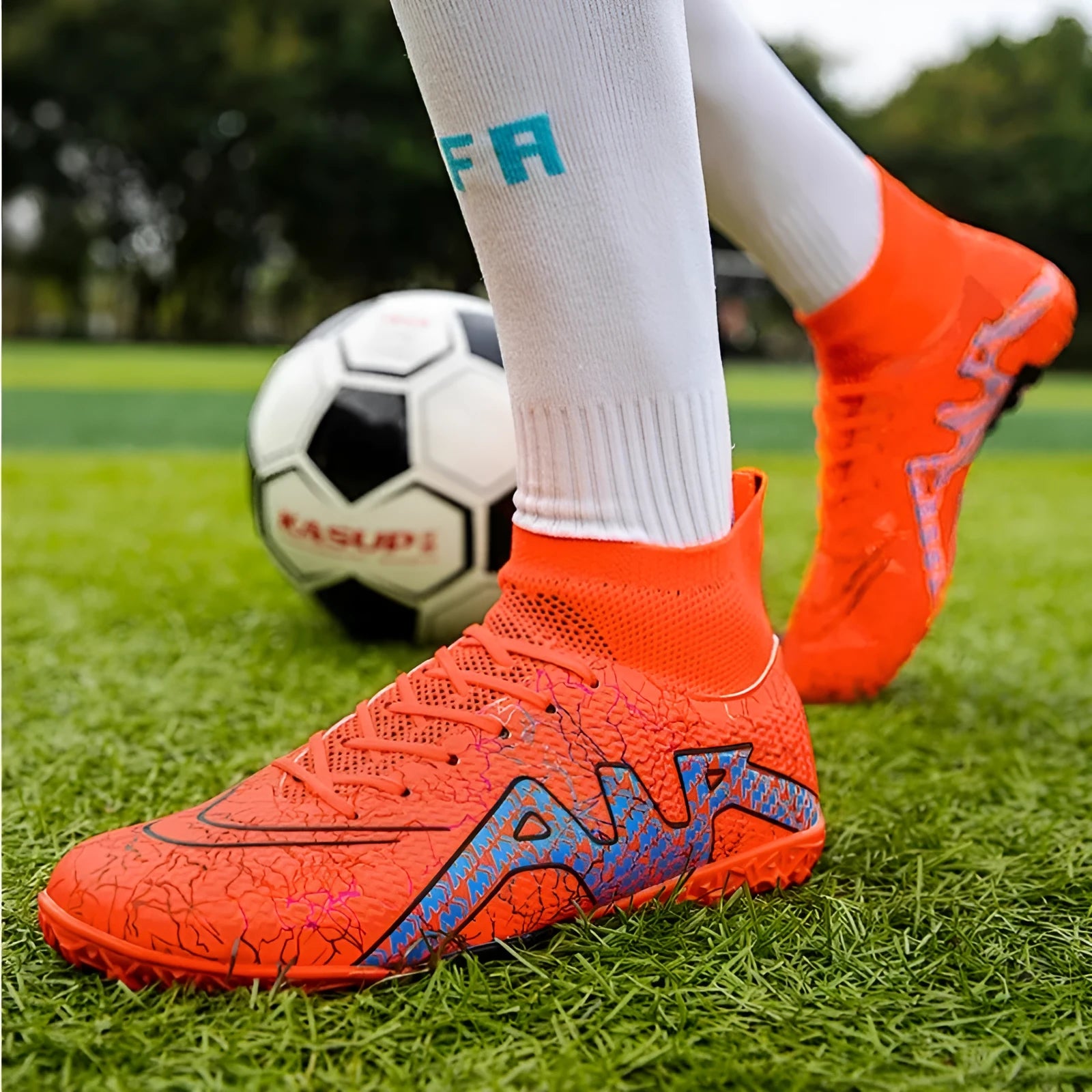 High-top soccer spike shoes with non-slip rubber outsole in black gold colour option