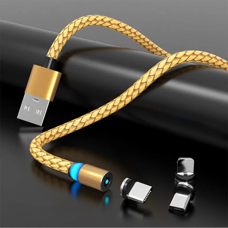 Breathing light magnetic charging cable with LED indicator, showing magnetic tips for iPhone and Android phones.