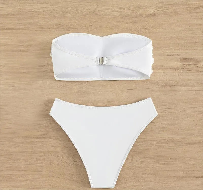 White women's tube top high waist bikini swimsuit set made from nylon and polyester