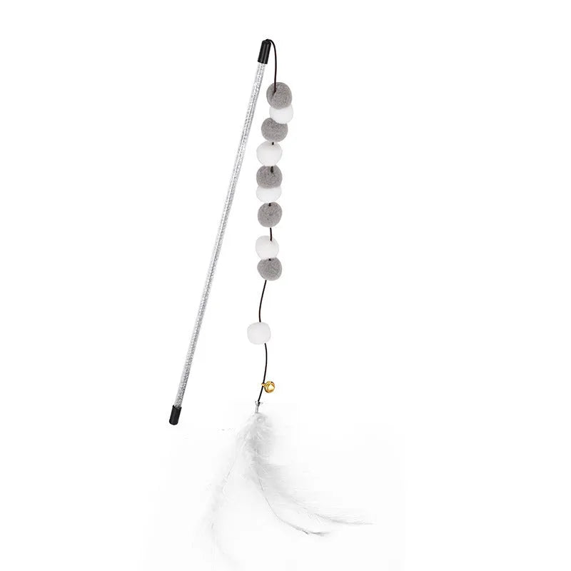 Acrylic pompon cat teaser stick with feather attachments and bell, 31cm long in multiple colours