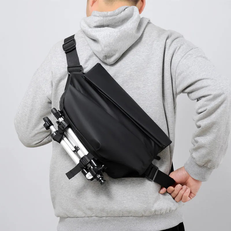 Grey and black PU leather crossbody bag for men with motorcycle sling design and internal organisers
