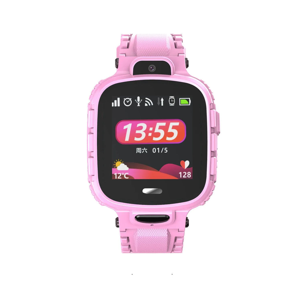 Children's GPS smart watch with camera and touch screen in blue, showing the 1.44-inch display and silicone strap
