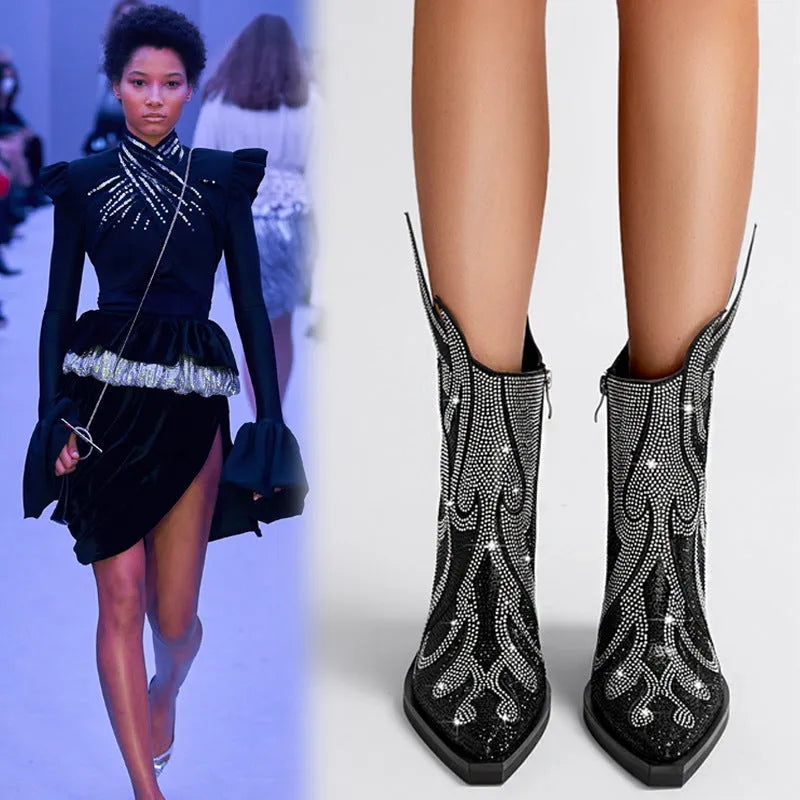 Women's black square toe chunky heel Martin boots with rhinestone flame decoration and side zip.