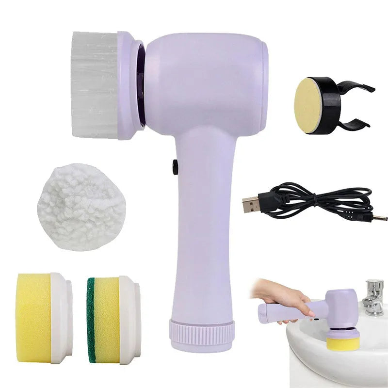 White cordless electric cleaning brush with multiple brush heads on charging dock