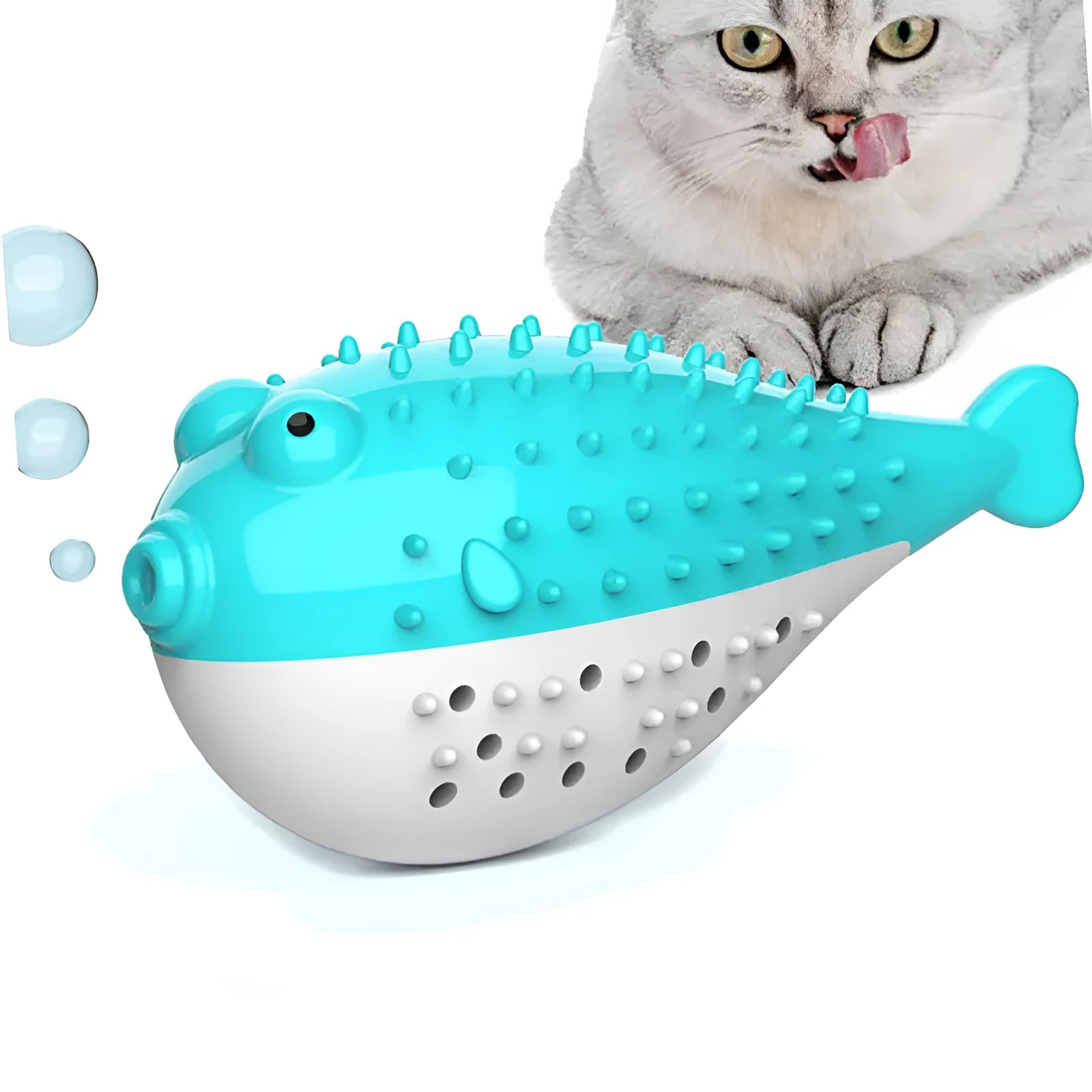 Silicone fish-shaped cat chew toy with toothbrush cleaner design in assorted colours