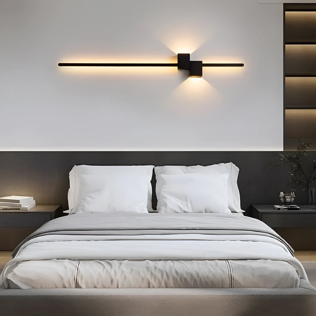 Minimalist black line wall lamp 60cm length mounted on bedroom wall