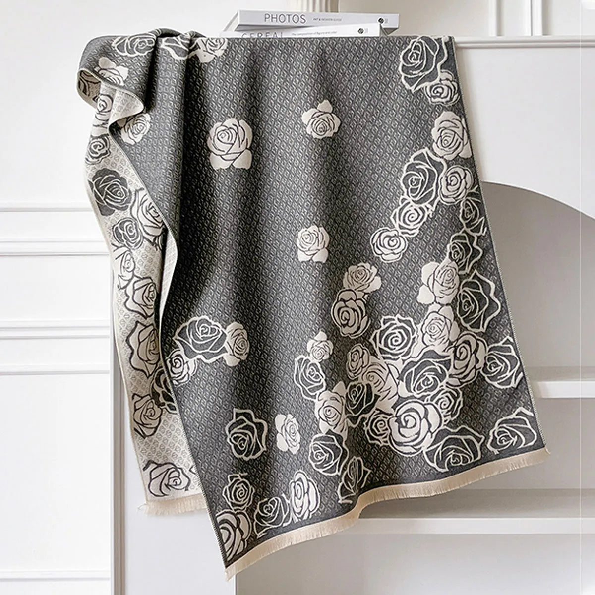 Cashmere-like winter scarf 185x65cm in grey black blue khaki colours with tassel detailing