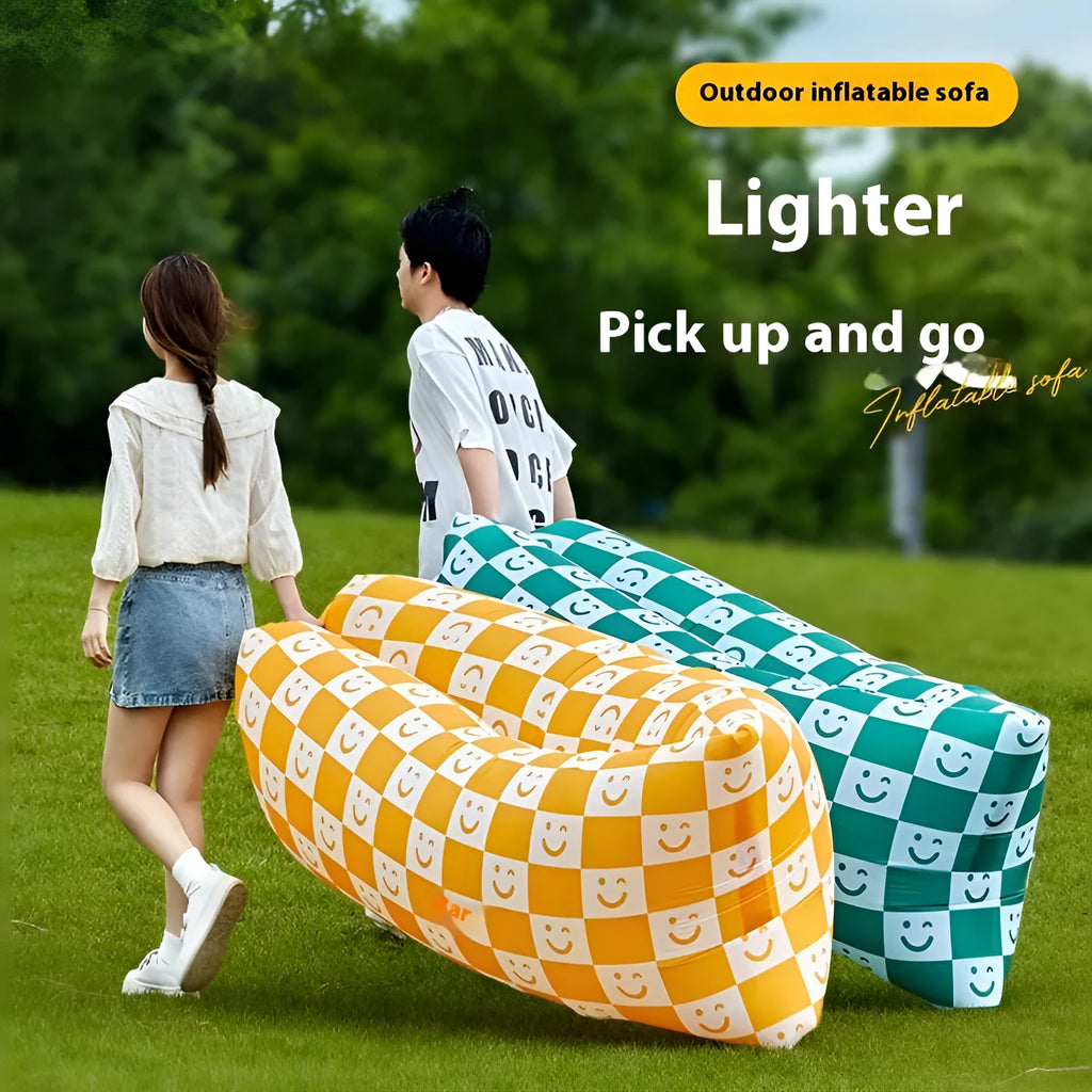 Inflatable lazy sofa in outdoor setting with Oxford cloth surface and colourful design options