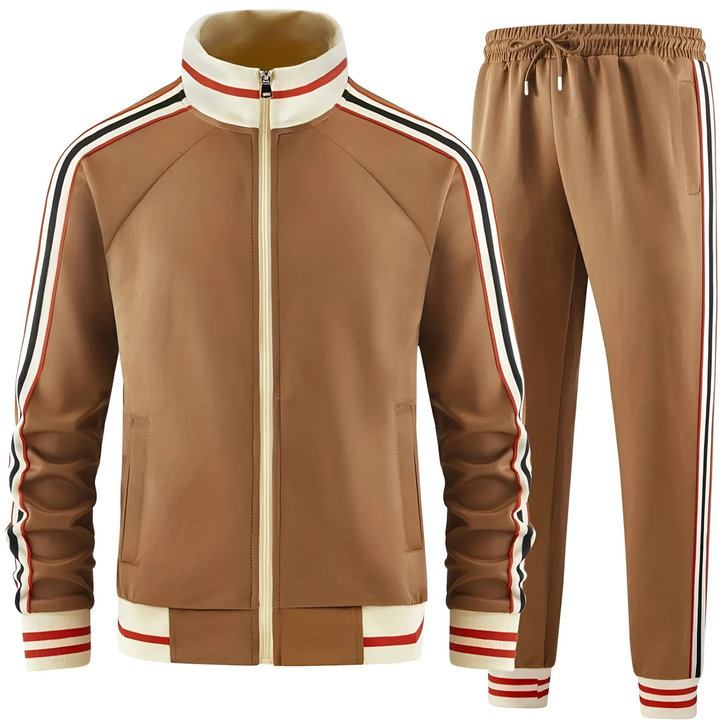 Men's khaki turtleneck zipper cardigan and matching trousers casual suit set