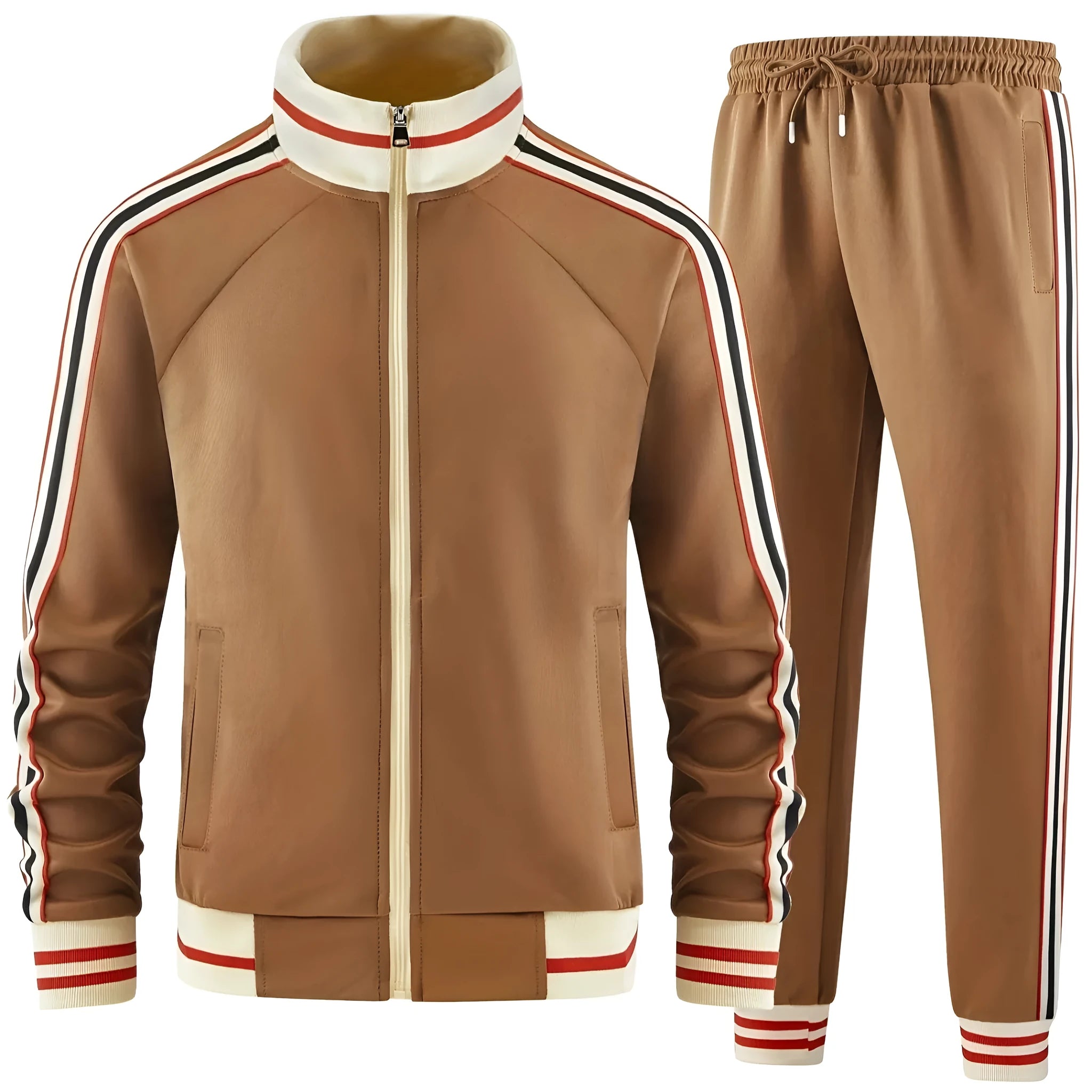 Men's khaki turtleneck zipper cardigan and matching trousers casual suit set