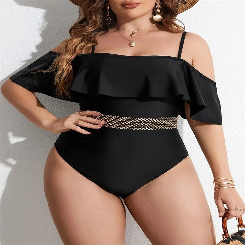 Black women's one-piece polyester swimsuit on a hanger