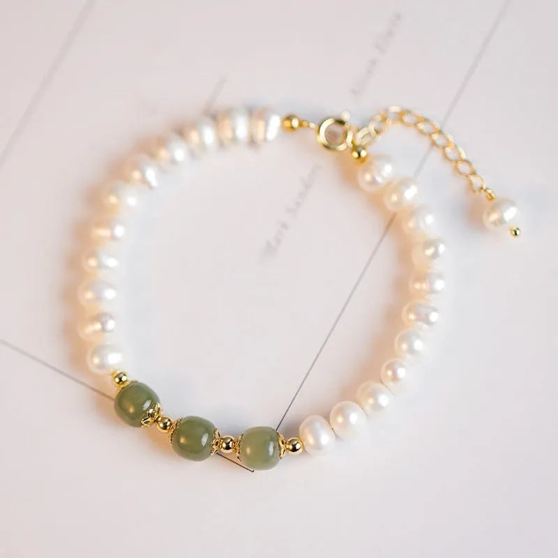 Freshwater pearl bracelet with diamond shape design in Korean style showing electroplated finish in Hetian jade colour