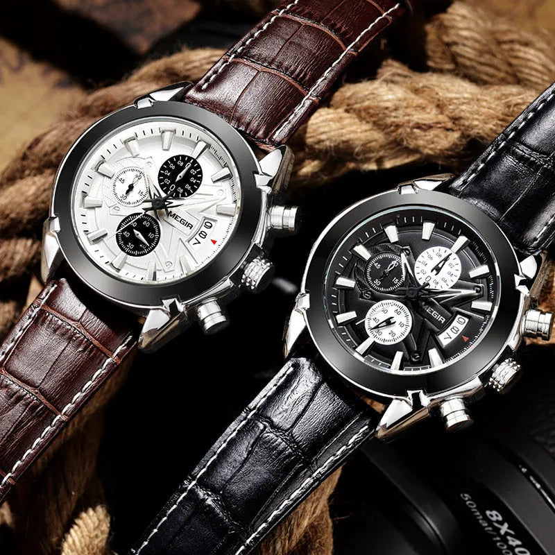 Men's brown and white multifunction quartz watch showing three subdials and luminous hands on a 15mm thick case.