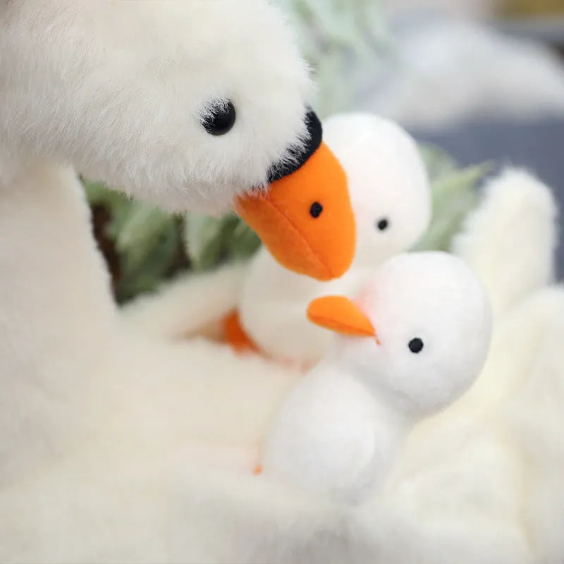White plush mother and son goose doll 35cm tall on a plain background