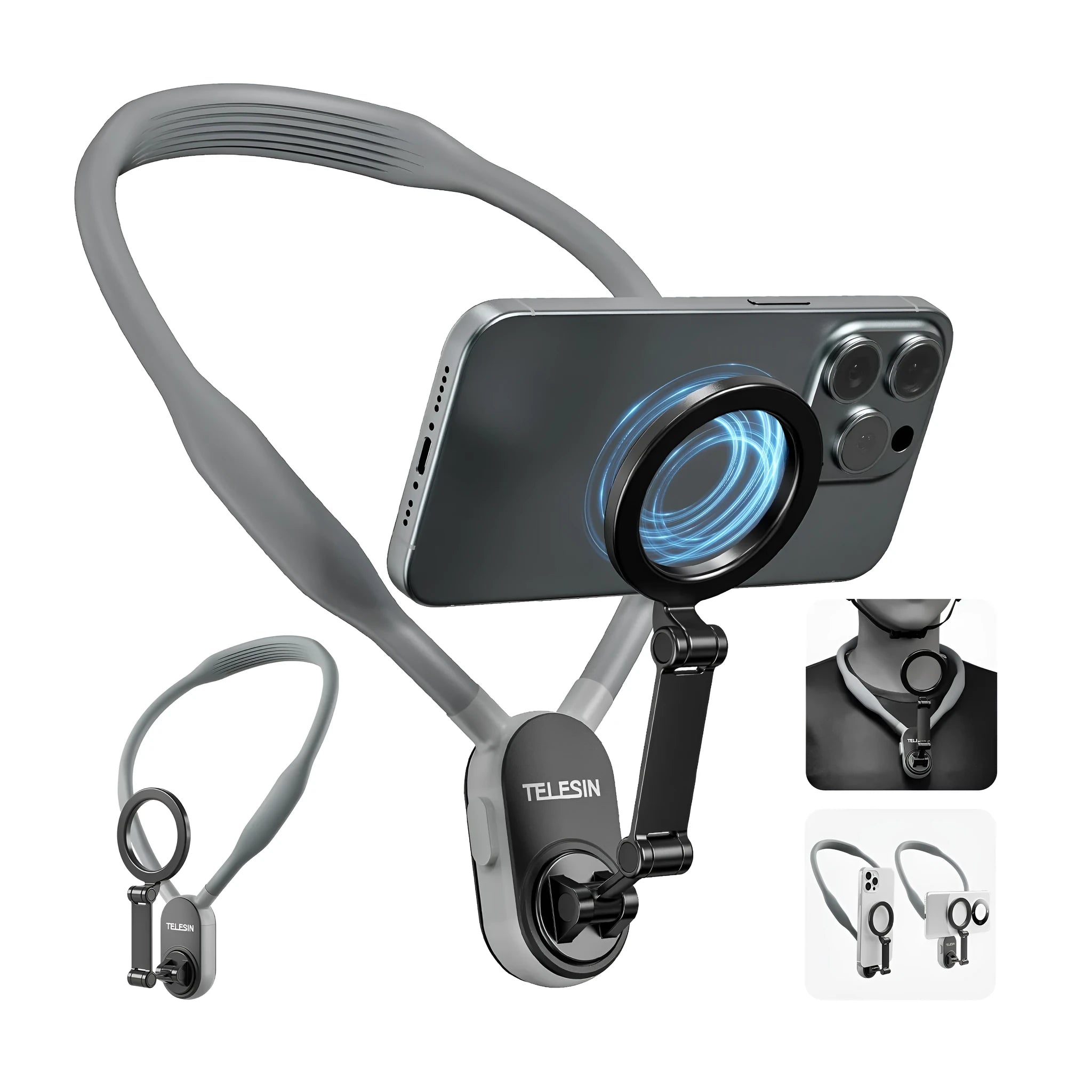 Grey silicone magnetic phone neck mount with quick release mechanism and anti-release rope