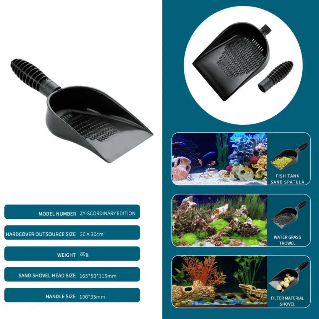 Aquarium sand shovel with extendable handle and quick-drain design for fish tank maintenance