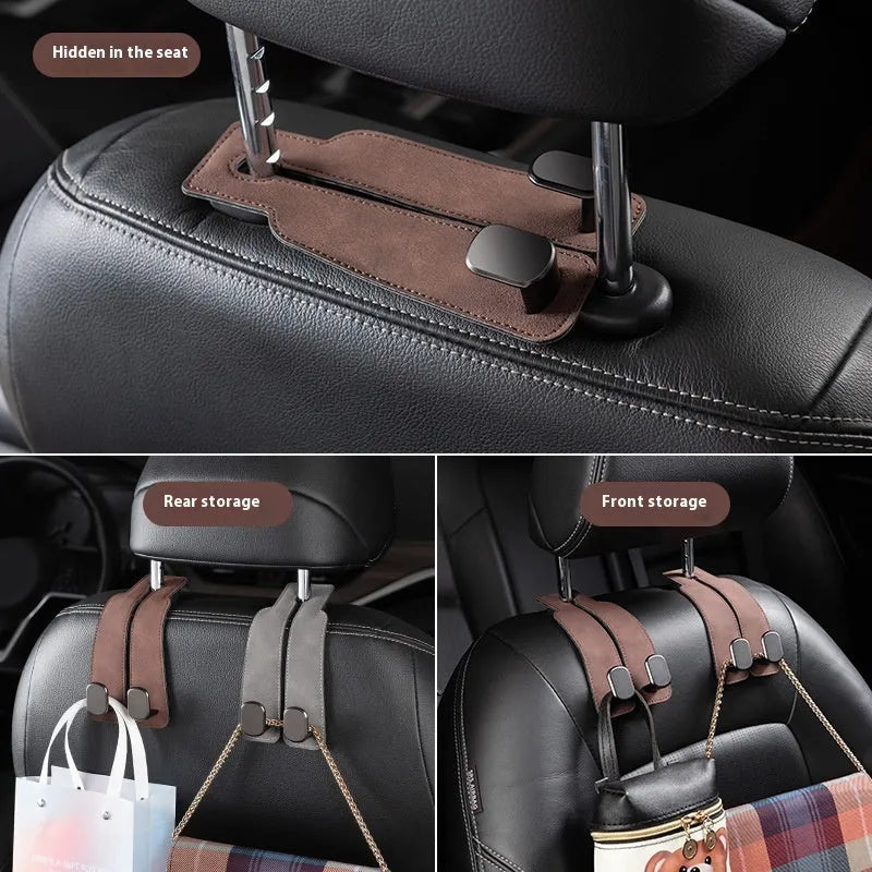 Multifunctional suede car seat back double hook in black with two hanging points for bags and accessories