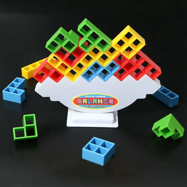 Plastic balance stacking game with coloured blocks, chassis and base for kids and adults