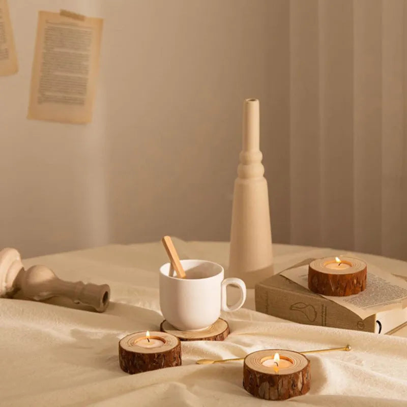Simple modern pastoral wood candle holder with 4 candles on a table for holiday decoration