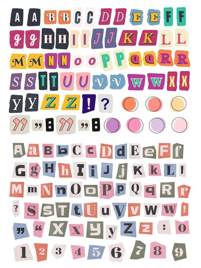 Set of printed English letter and weekly word decoration stickers in a cute style for crafts.
