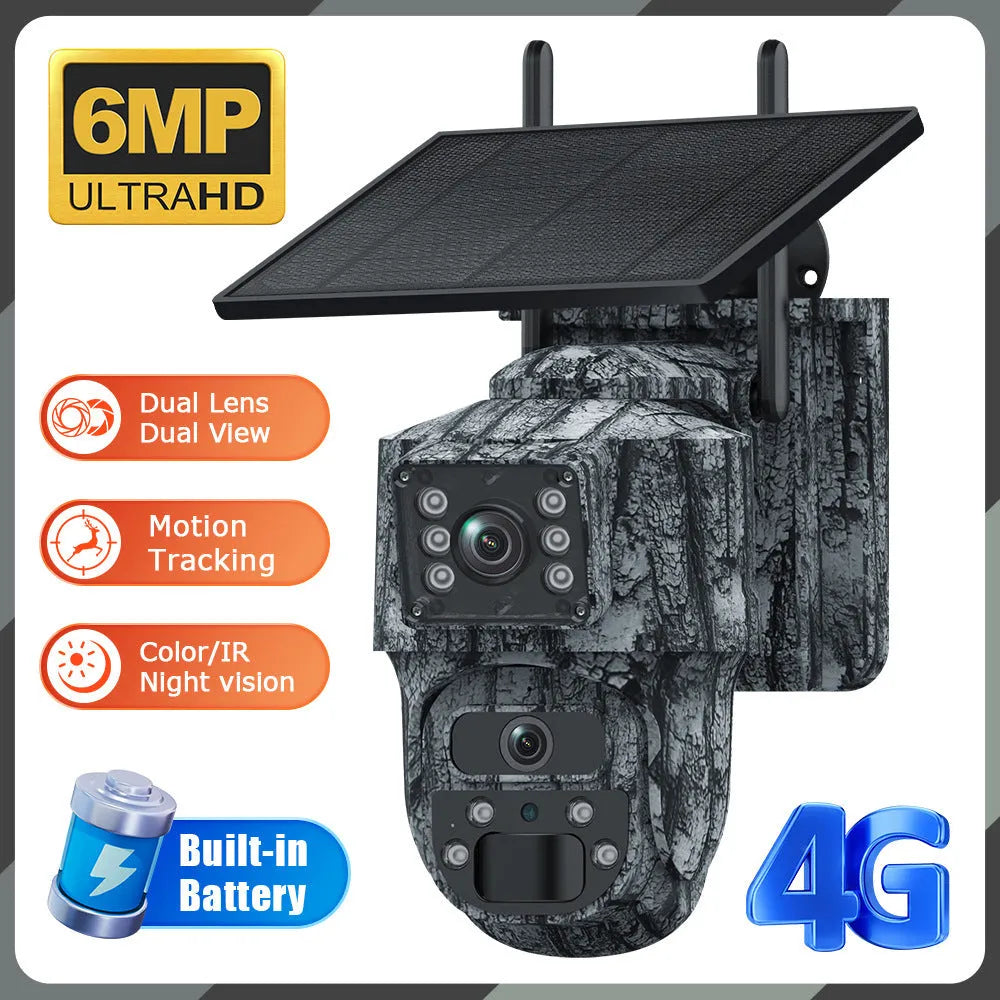 6MP solar surveillance camera with IP66 rating, dual screen, and ceiling mount for outdoor use