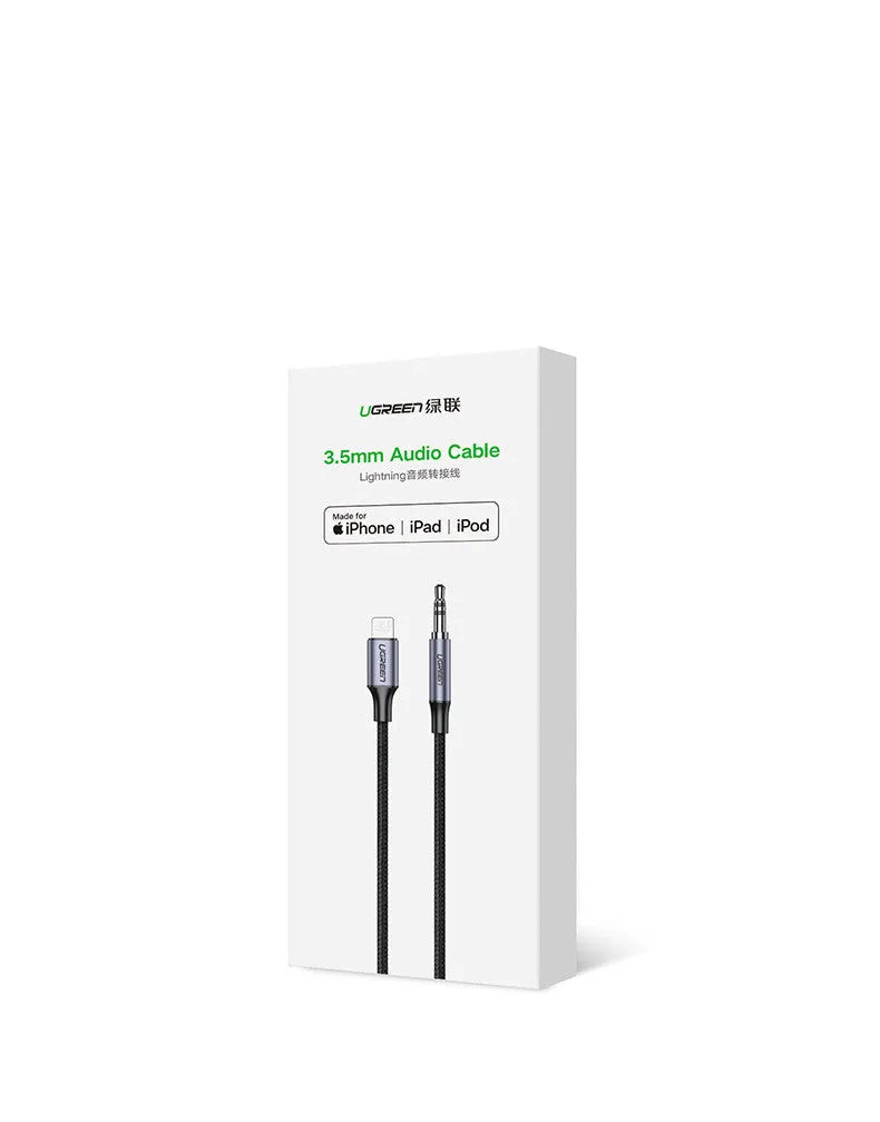 Black Apple Lightning to 3.5mm audio cable with shiny silk braid for car use