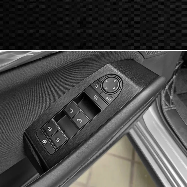 Decorative film sticker kit for car interior dashboard, centre console, and door handle customisation in carbon fibre or woodgrain patterns