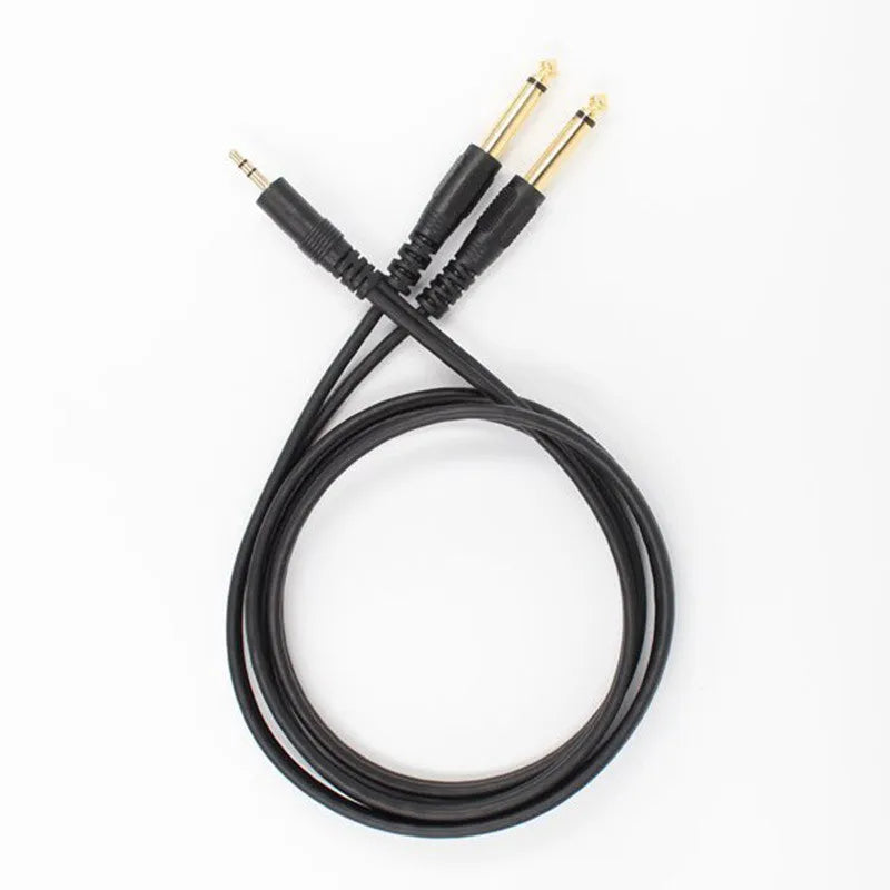 3.5mm to two 6.5mm male jack audio cable with black insulation and gold-plated plugs.