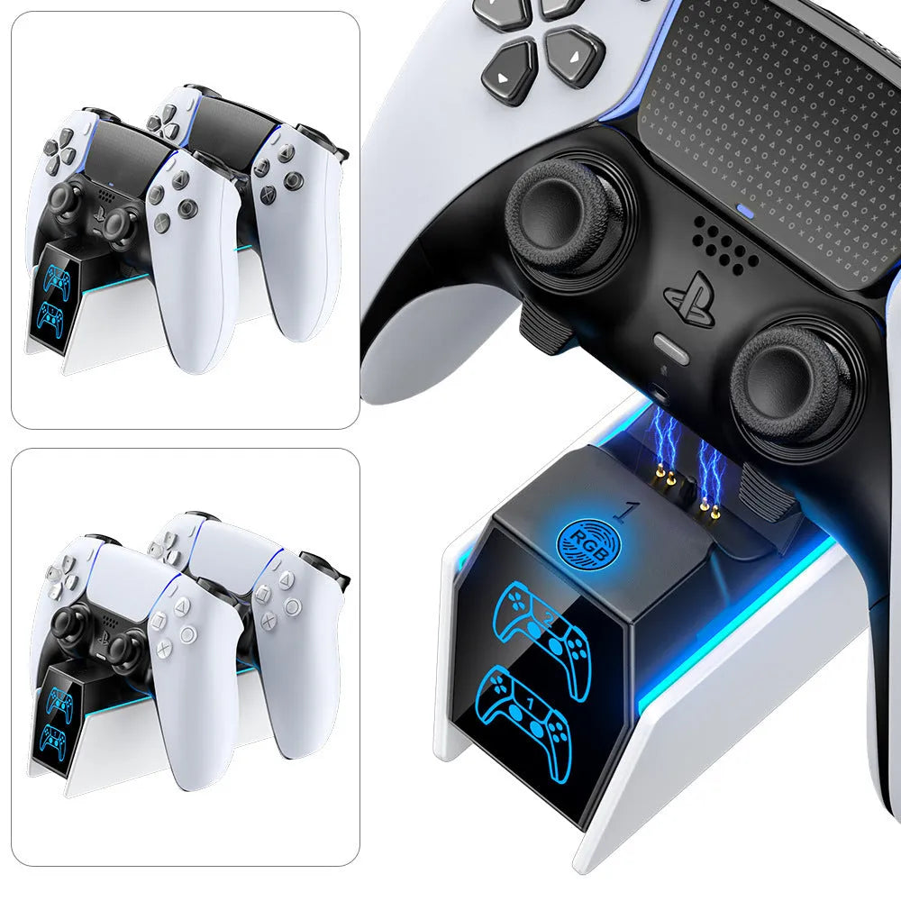 White wireless handle charger for PS5 controller with RGB LED indicator, ABS plastic, size 18.8x5.9x16.8cm