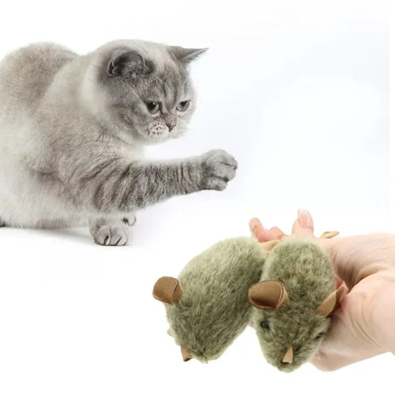 Plush mouse cat toy with tail, flannel surface and lanyard for interactive chirping play