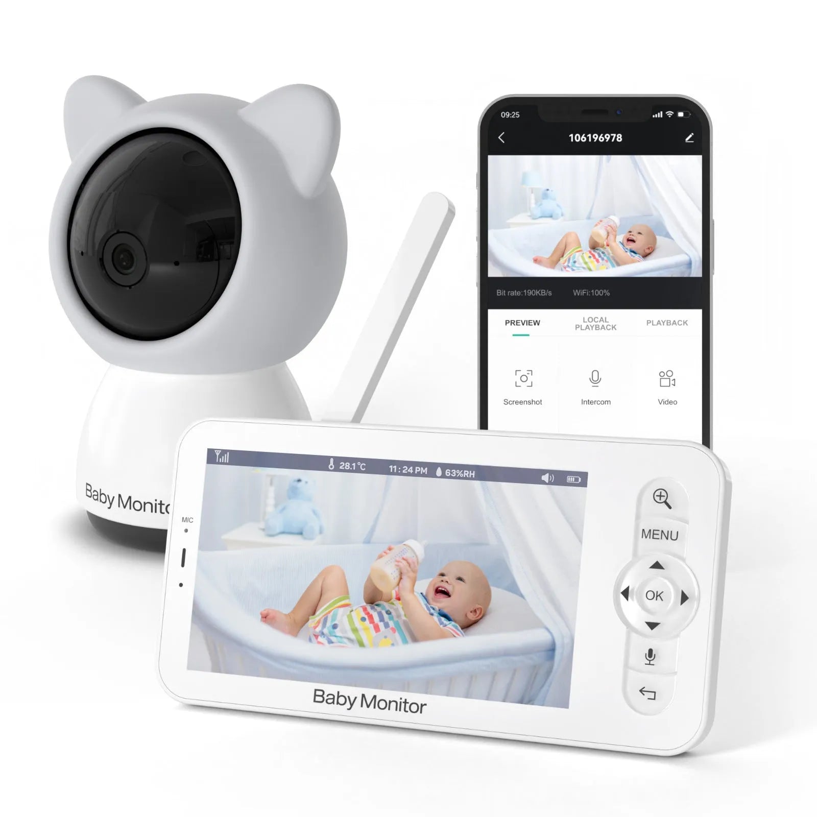 Baby monitor with 5-inch screen showing a clear 720P view of a baby in a cot, with controls for pan tilt and night vision