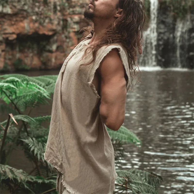 Men's solid colour linen loose fit casual vest with round hem, shown in neutral colour