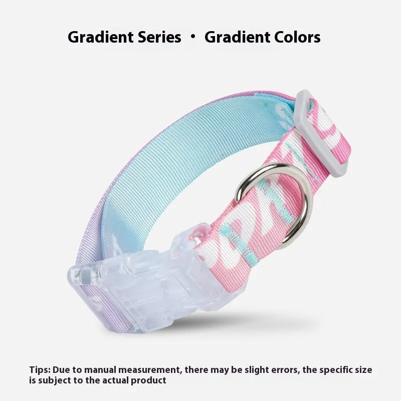 Adjustable nylon dog collar with cartoon gradient print and a black plastic quick-release buckle on a white background.
