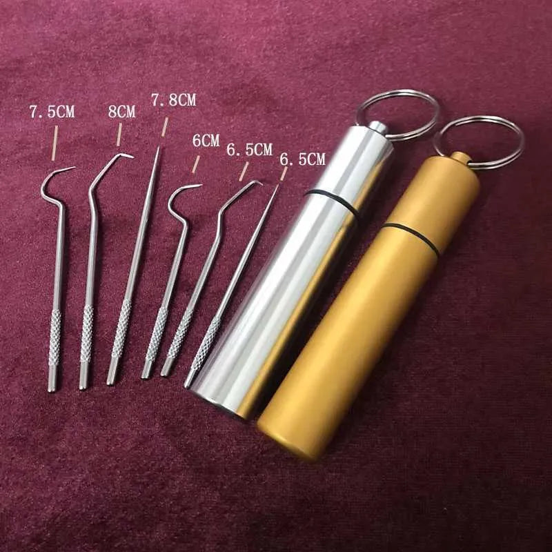 304 stainless steel toothpick set with 3 short and 3 long metal toothpicks plus 7 dental floss sticks in a cylinder