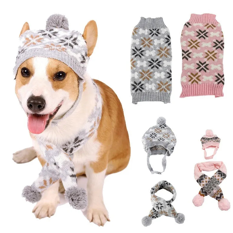 Grey and pink Japanese-style retro jacquard knit sweater, hat, and scarf sets for small dogs and cats.