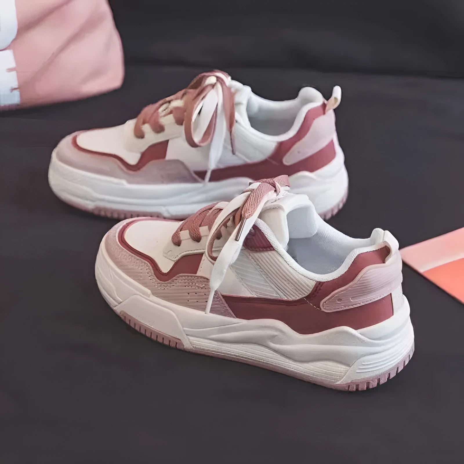 Beige and pink low-top rubber sneakers with height increasing soles for women