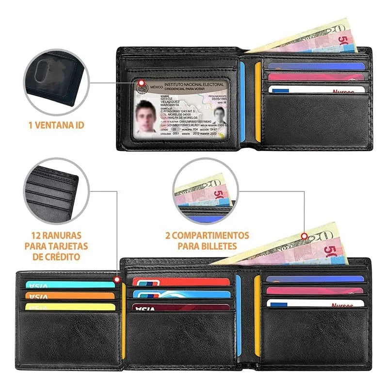 Men's black anti-magnetic wallet with PU leather exterior, microfiber lining, and sewing line detailing