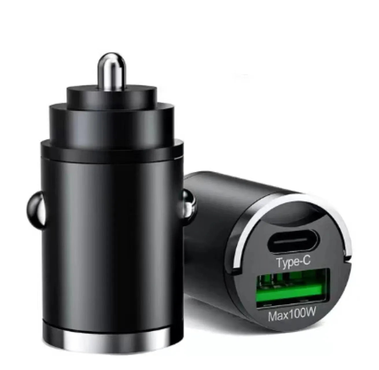 Black metal car charger with invisible pull-tab design for 100W USB fast charging