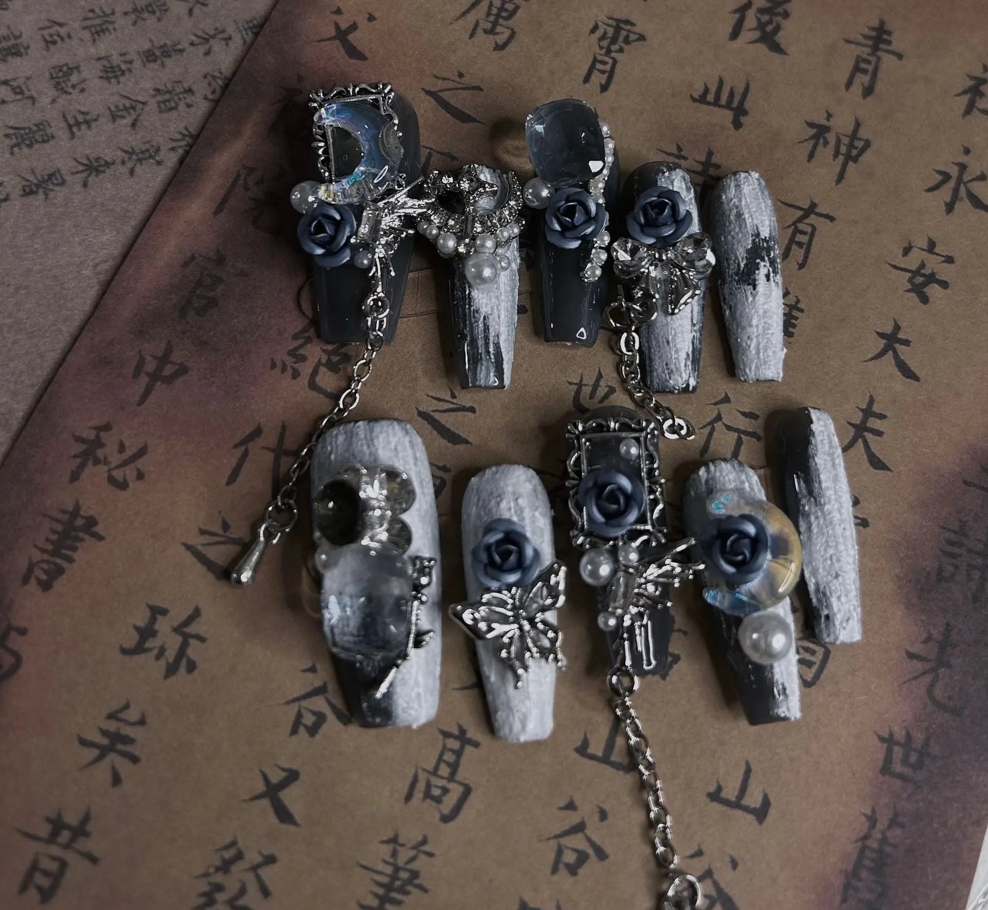 Heavy industry blue false nails with ornate rose and tulip floral pattern design in sizes XS S M L