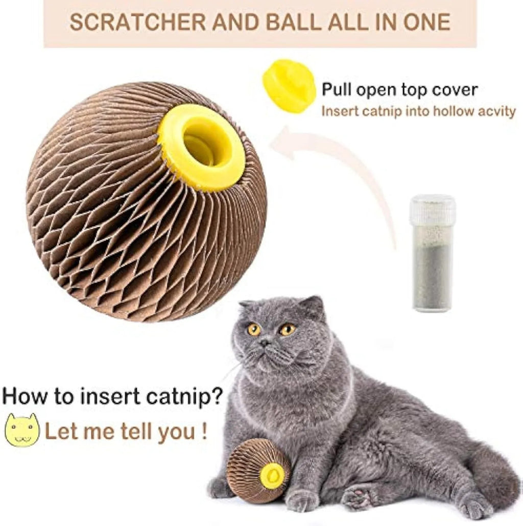 Brown catnip refillable scratch ball made from recycled corrugated paper with natural catnip included, 76mm size, on wooden floor