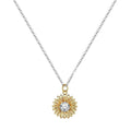 Close-up of a women's 925 silver necklace with a geometric sunflower and daisy petal pendant on a cross chain.