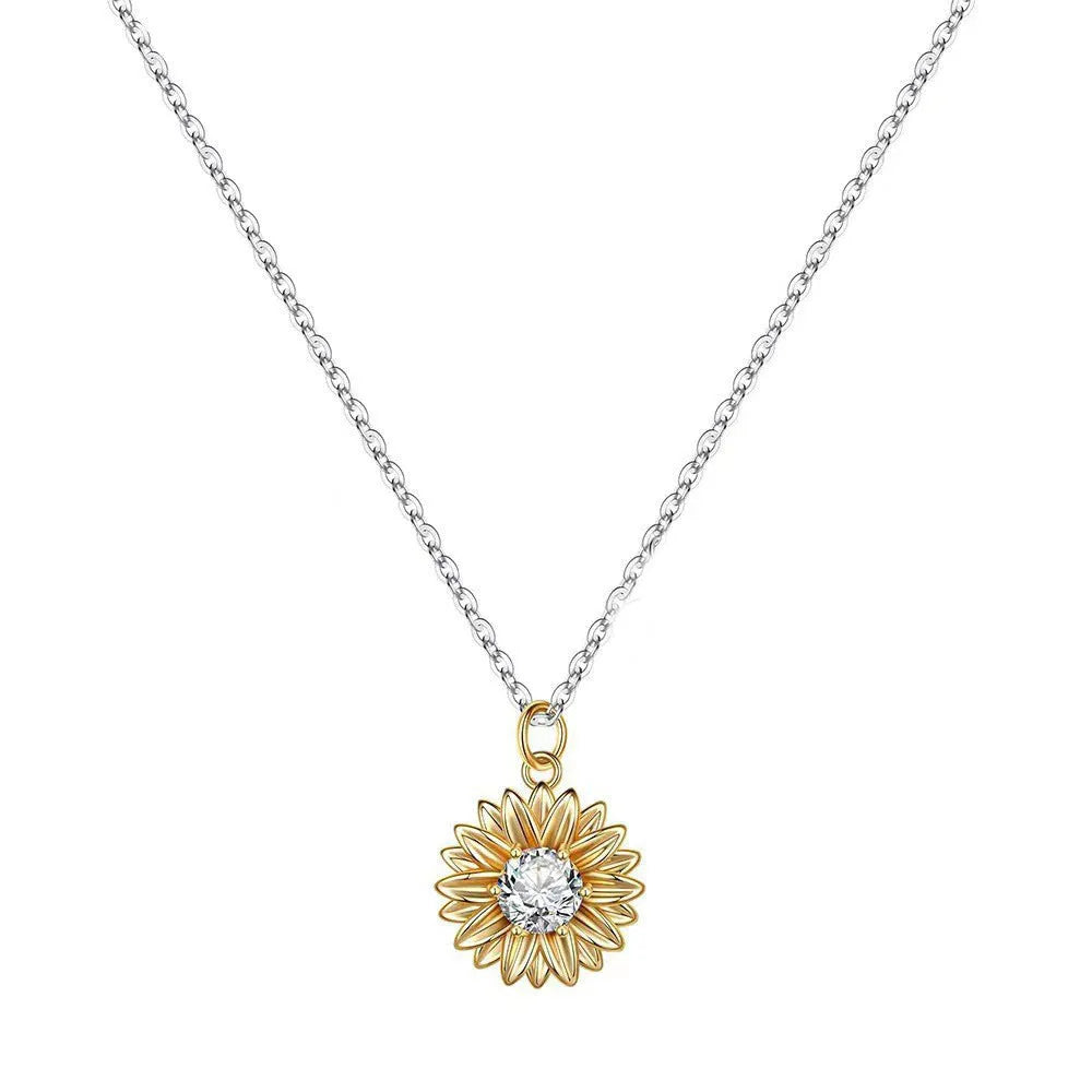 925 silver women's sunflower love necklace with daisy charms on an adjustable cross chain.