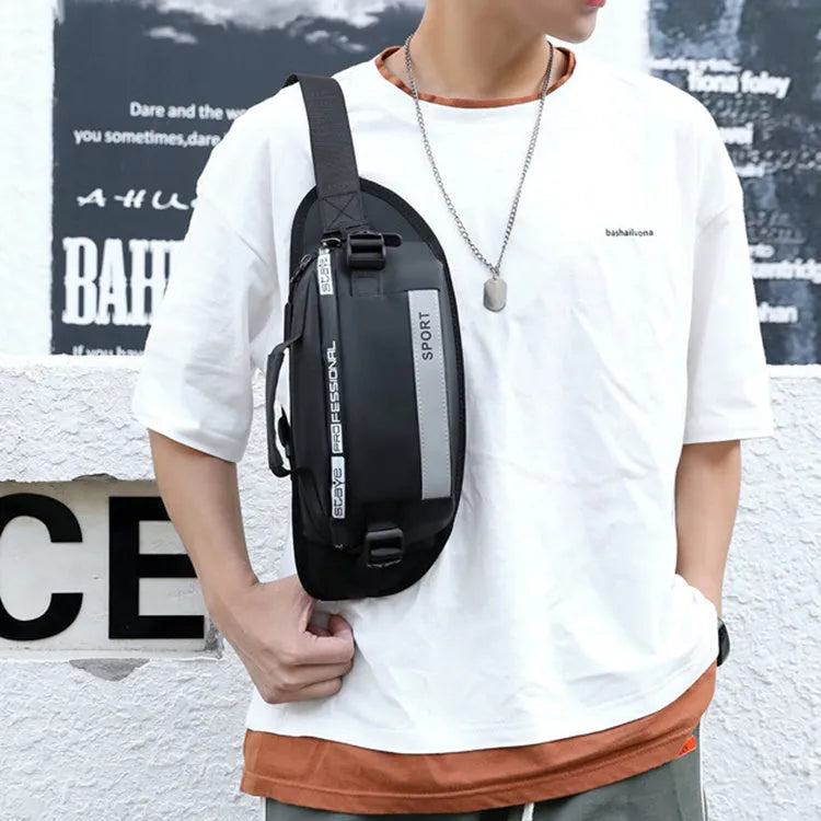Reflective men's crossbody waist bag in black, small horizontal square shape with zipper closure and nylon waterproof finish