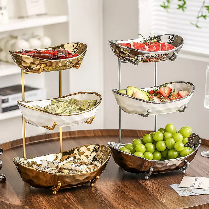 Multi-layer ceramic fruit tray with gold frame and electroplated stone texture