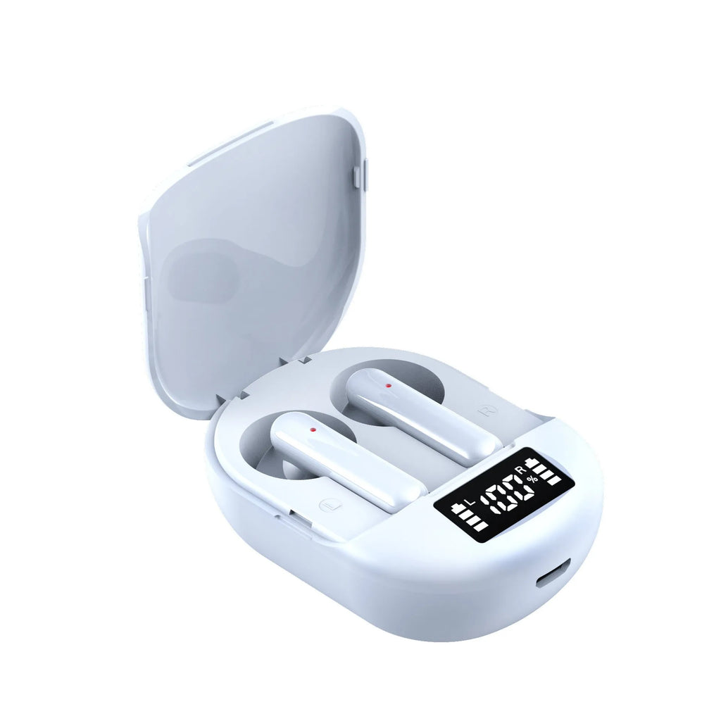 Black and white wireless Bluetooth in-ear headphones with digital display showing battery level