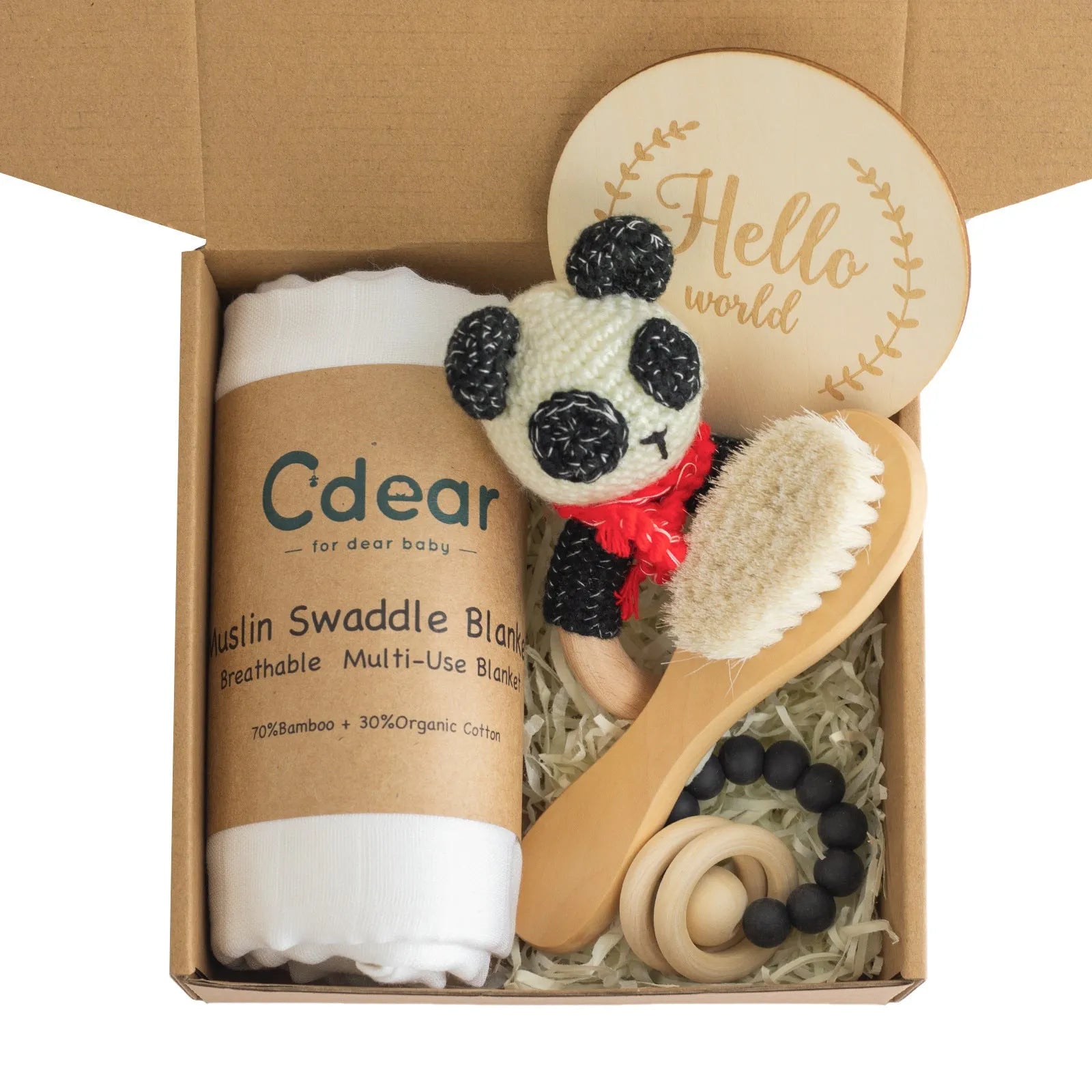 Baby teething gift set with bamboo gauze blanket, wooden chewing ring, woven bell, and developmental toys